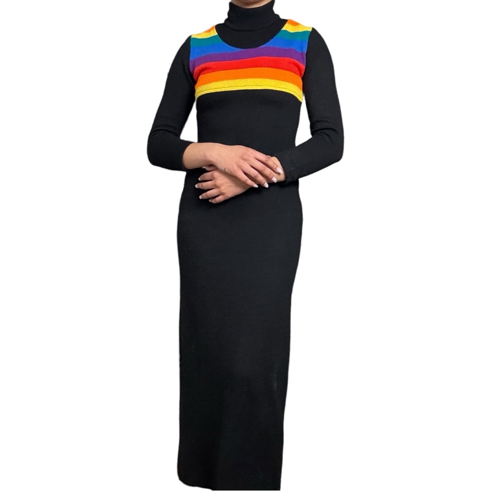 Vintage 60s 70s Union Label Pauli Montreal Rainbow Color Block Knit Maxi Dress